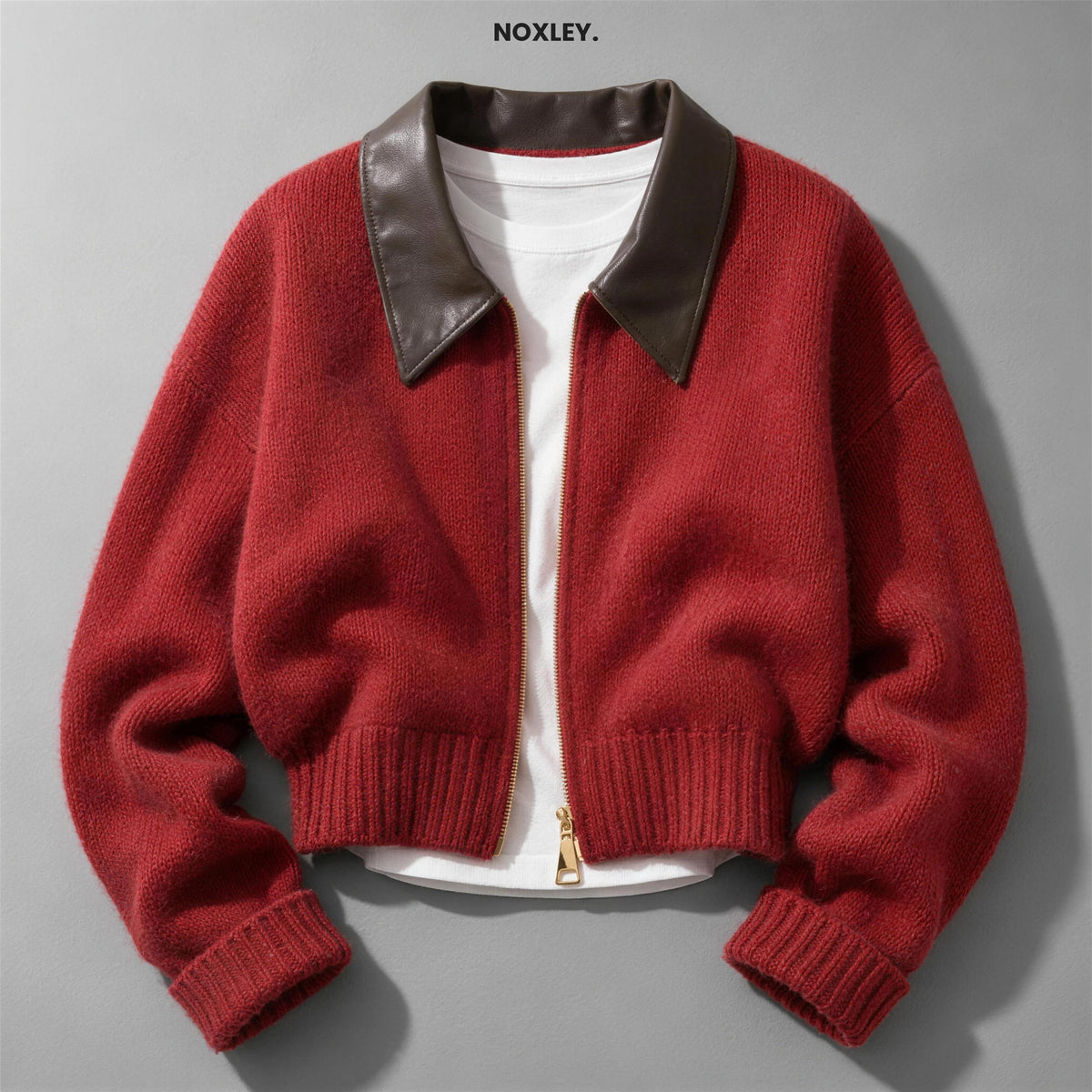 Chiara cropped contrast-collar zip cardigan in Red - NOXLEY