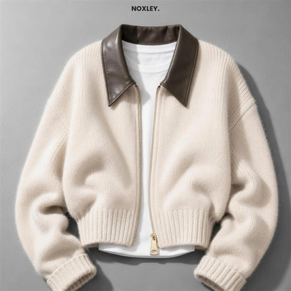 Chiara cropped contrast-collar zip cardigan in Cream - NOXLEY