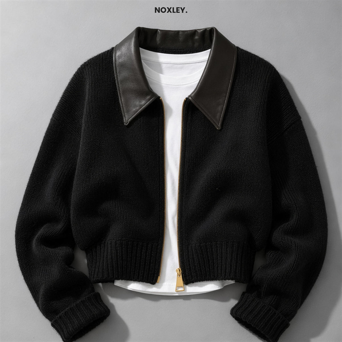 Chiara cropped contrast-collar zip cardigan in Black - NOXLEY