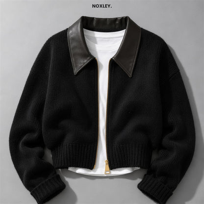 Chiara cropped contrast-collar zip cardigan in Black - NOXLEY