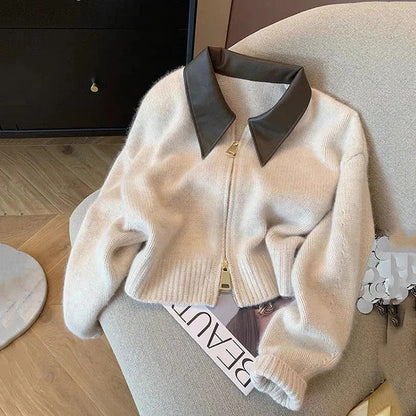 Chiara | Cropped Contrast-Collar Zip Cardigan