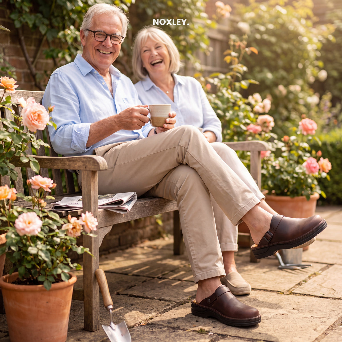 Carter Leather Comfort Slip-Ons - Brown, worn in the garden