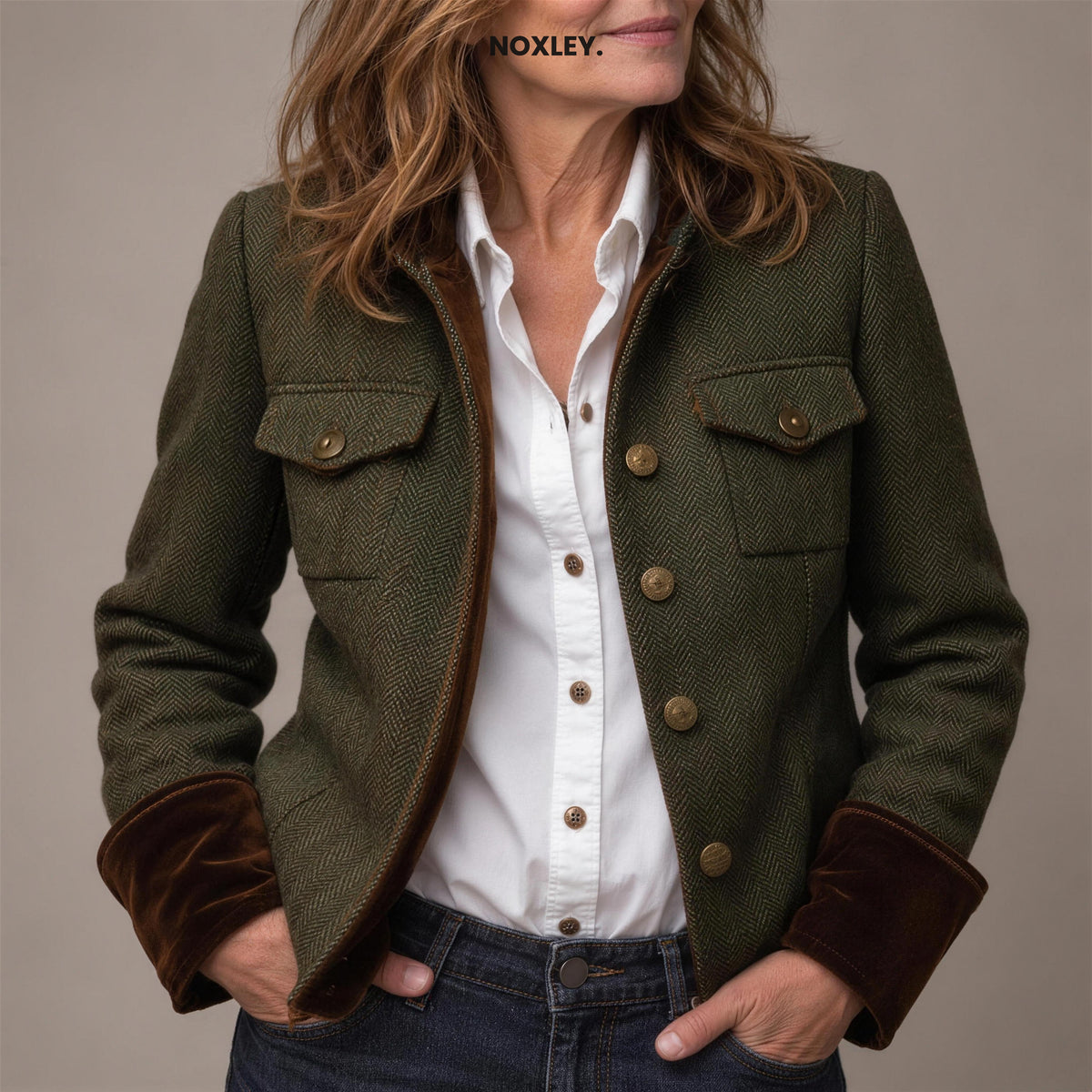 Beatrice Women's Herringbone Tailored Jacket - Olive