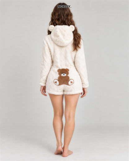Mabel Women's Teddy Bear Hooded Fleece Playsuit - Cream
