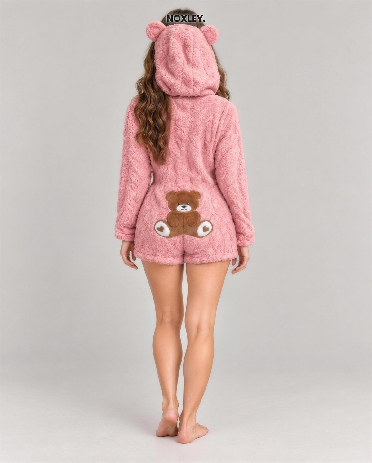 Mabel Women's Teddy Bear Hooded Fleece Playsuit - Pink