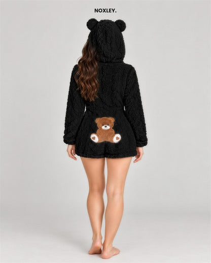 Mabel Women's Teddy Bear Hooded Fleece Playsuit - Black