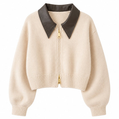 Chiara | Cropped Contrast-Collar Zip Cardigan