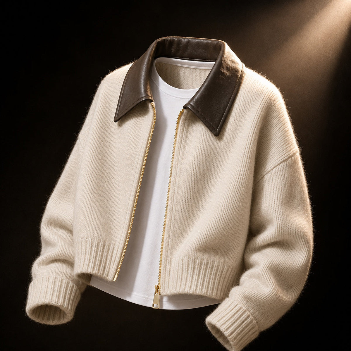 Chiara | Cropped Contrast-Collar Zip Cardigan