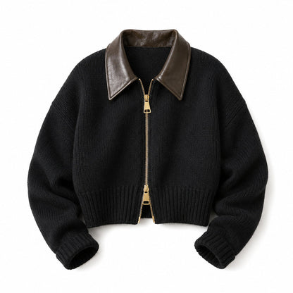 Chiara | Cropped Contrast-Collar Zip Cardigan