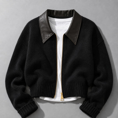 Chiara | Cropped Contrast-Collar Zip Cardigan