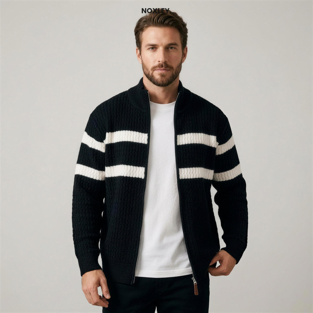 Edmund | Men's Cable-Knit Zip Cardigan - Black