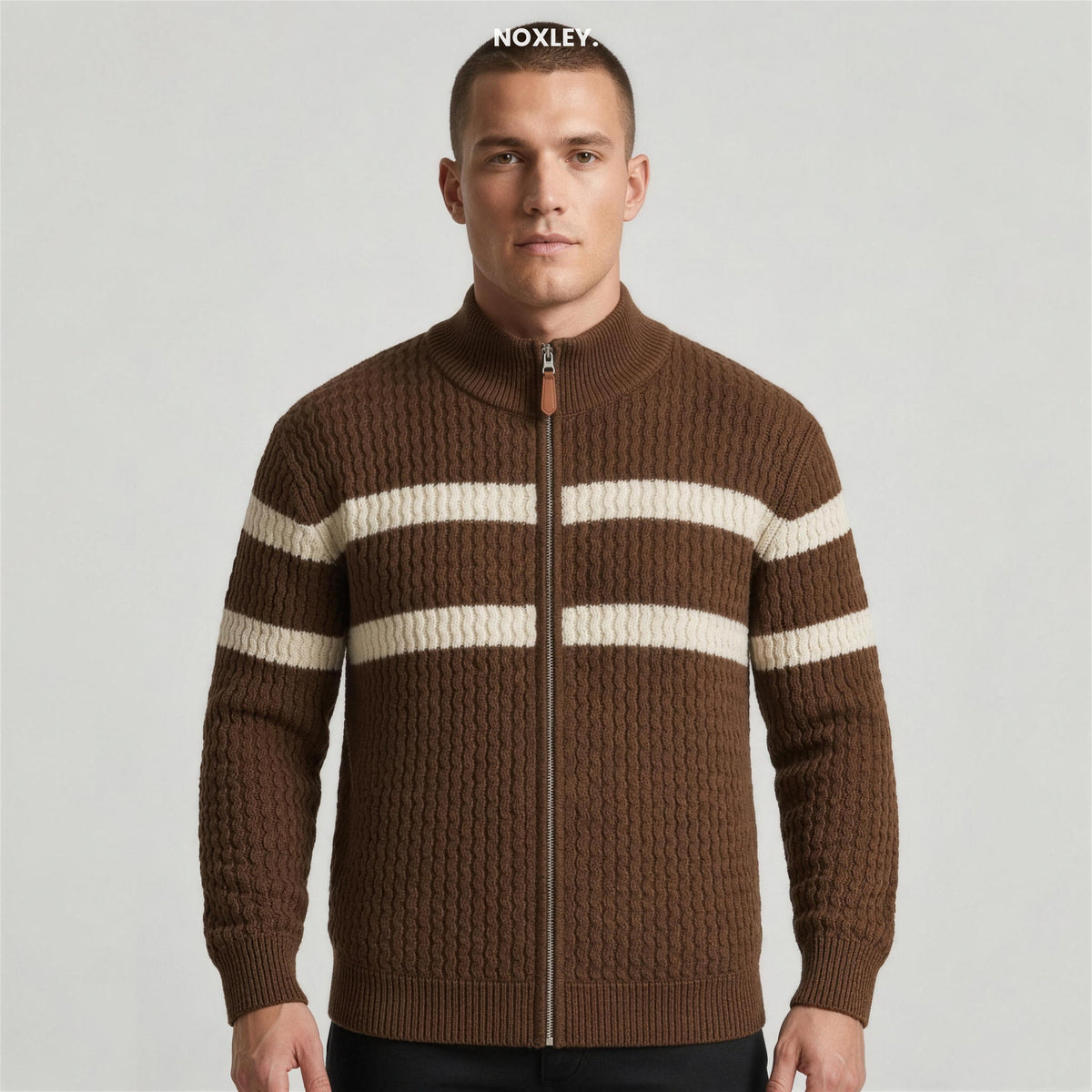 Edmund | Men's Cable-Knit Zip Cardigan - Espresso Brown